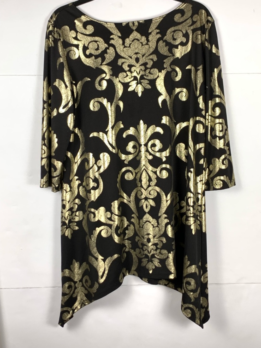 LBISSE Tunic Top XL Black Gold Baroque Metallic 3/4 Sleeve Handkerchief Hem - Picture 13 of 14